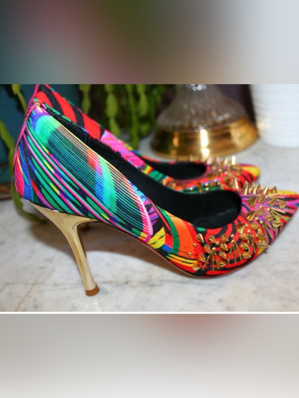 🌈 River Island Kaleidoscope Gold Spiked Stiletto Heels Abstract Size 9 W/Box
